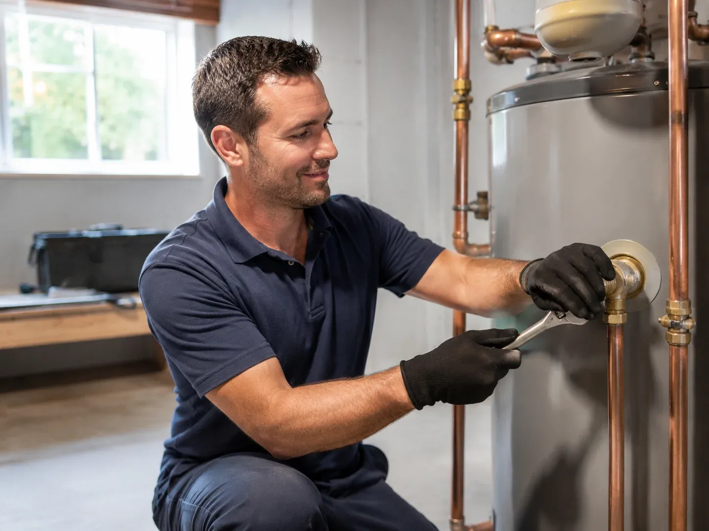 Licensed technician servicing a water heater in a Windsor home