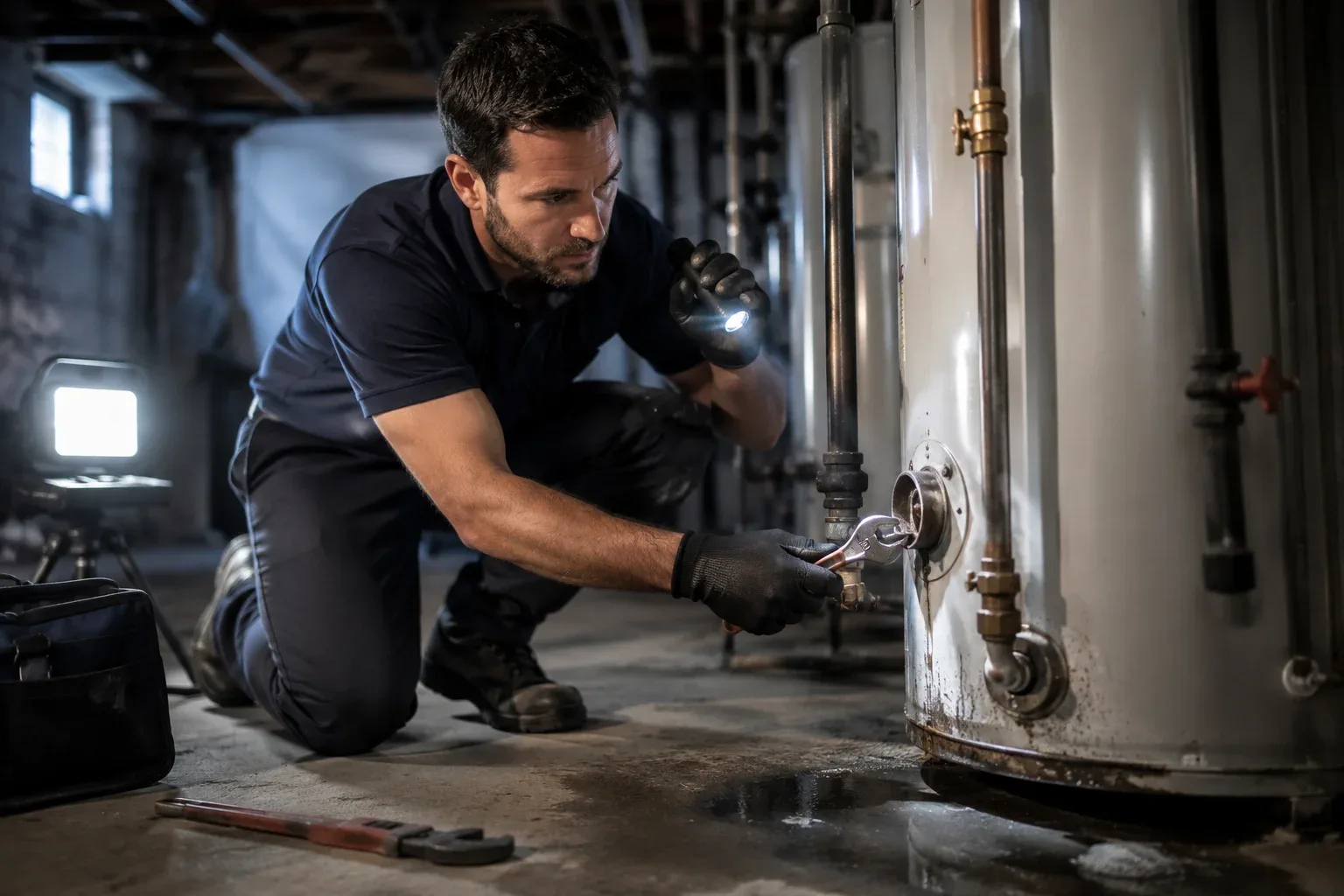 Technician handling an emergency water heater repair in Windsor