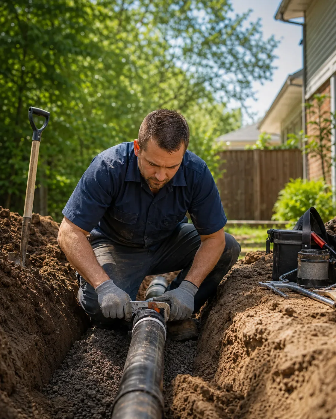 Licensed plumber repairing a sewer line at a Windsor home