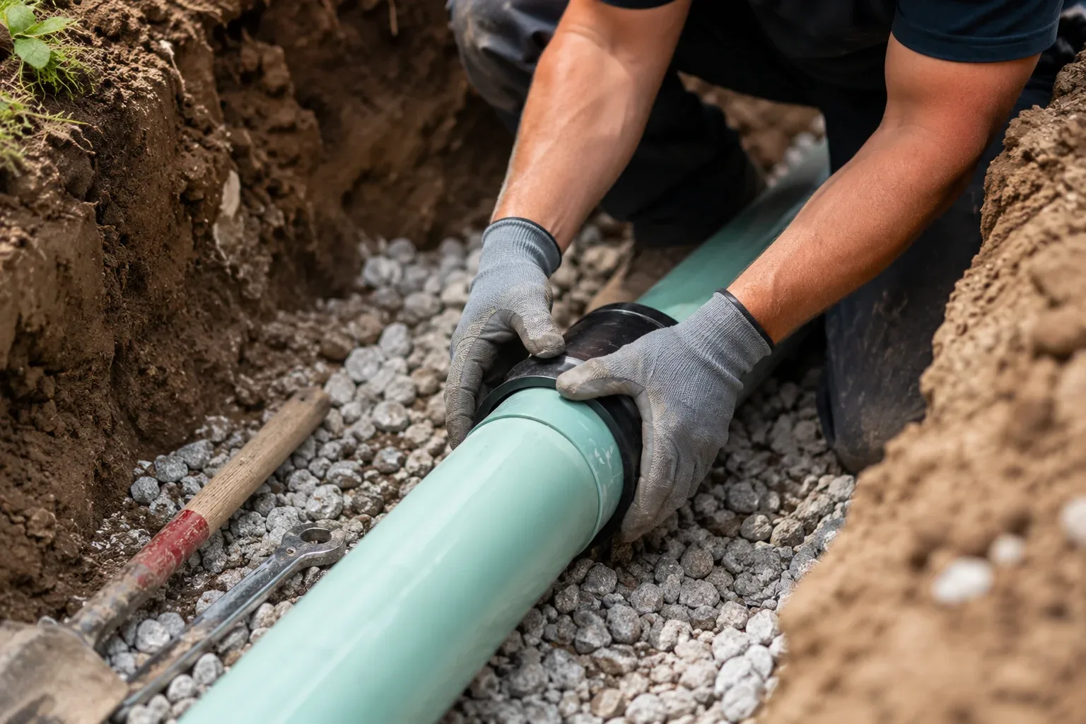 Licensed plumbers replacing a main sewer line at a Windsor home