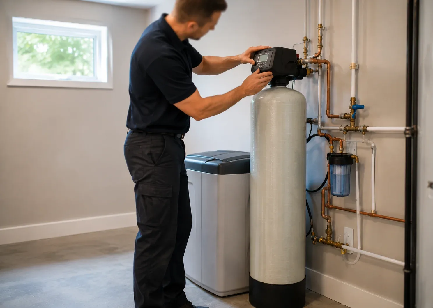 Plumber installing a whole-home water softener in a Windsor home